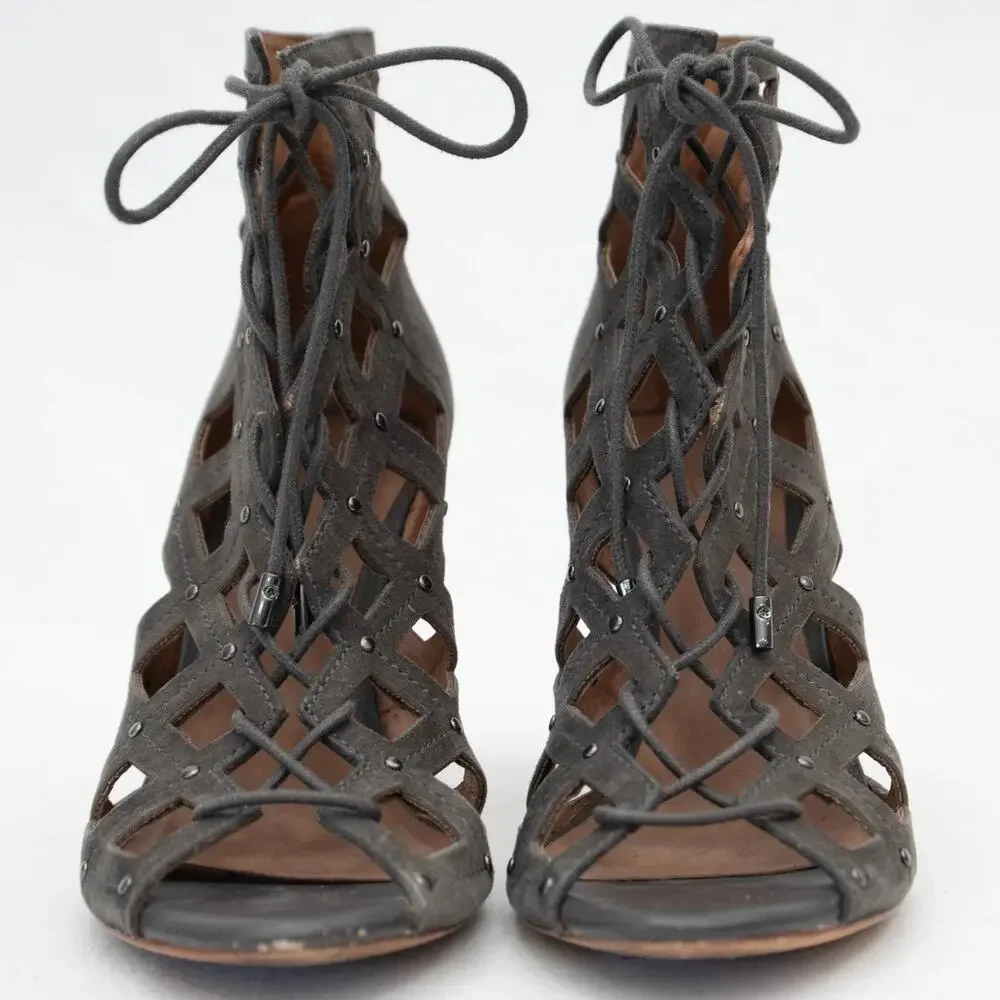 Joie Gray Sueded Cayla Studded Caged Lace Up Stiletto Heels Size 38 US 7.5